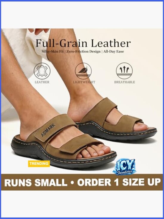 Men\'s Full-Grain Leather Slide Sandals, Arch Support Memory Foam, Adjustable main image 5